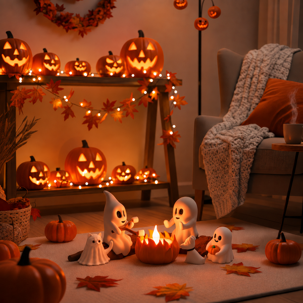 Halloween-spookjes bij een kampvuur in een woonkamer met pompoenen