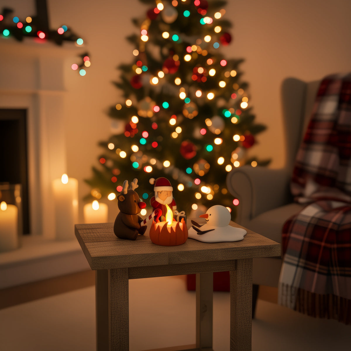 Kerstkampvuur op een klein tafeltje bij de kerstboom