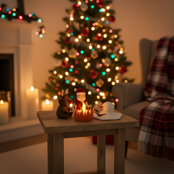Kerstkampvuur op een klein tafeltje bij een kerstboom